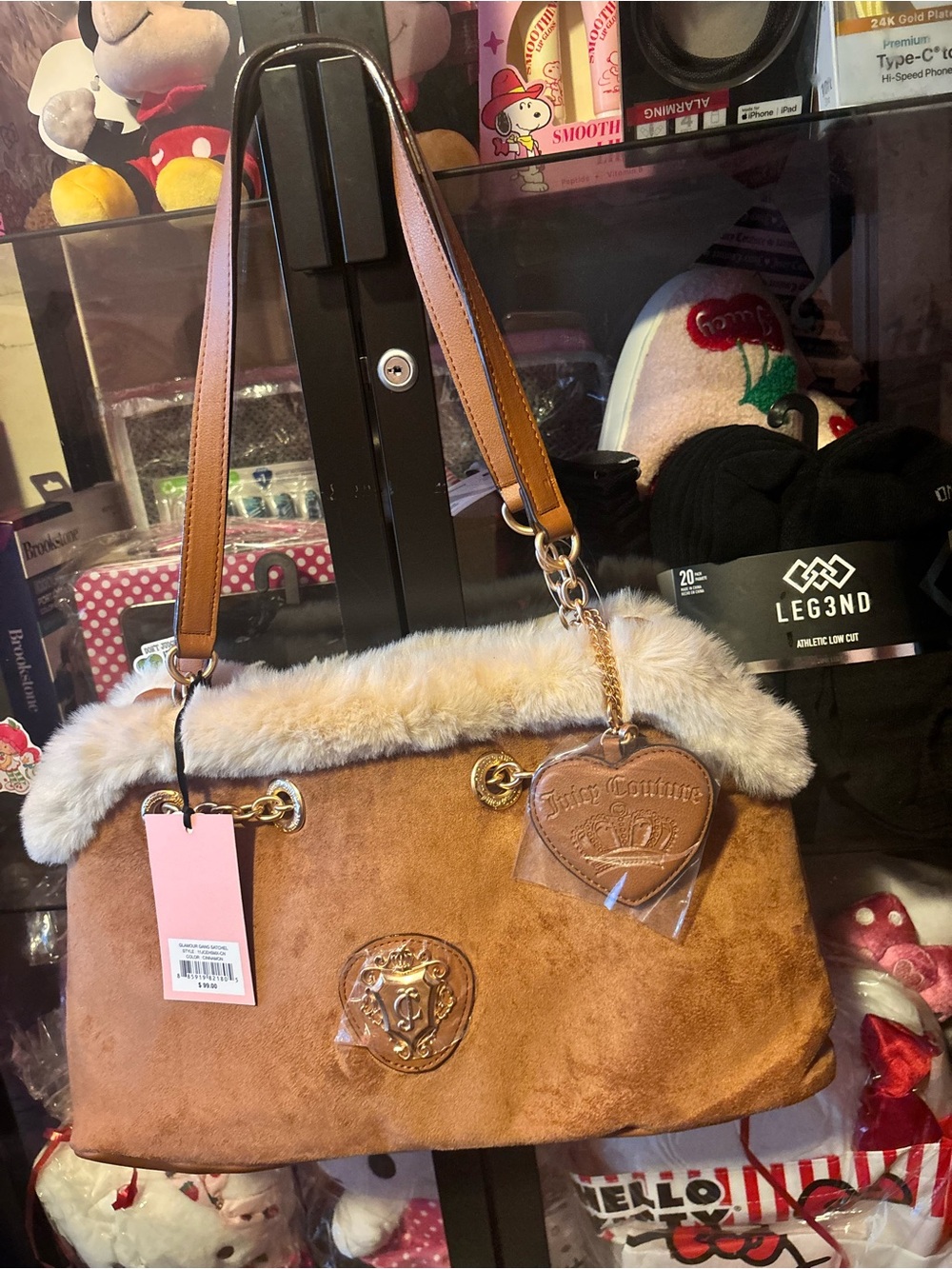 Juicy Couture Brown Faux-Suede Shoulder Bag with Cream Fur Trim